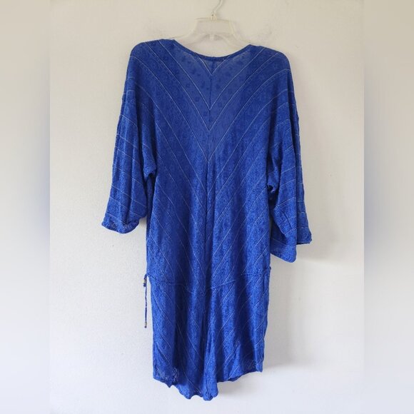 VITAMIN A | Summer Dress Beach Tunic V-neck Blue Gold Sz LARGE - Picture 2 of 5